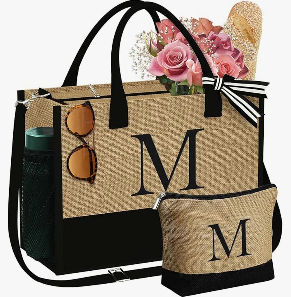 Embroidered Monogram Tote &amp; Makeup Bag Set ➥